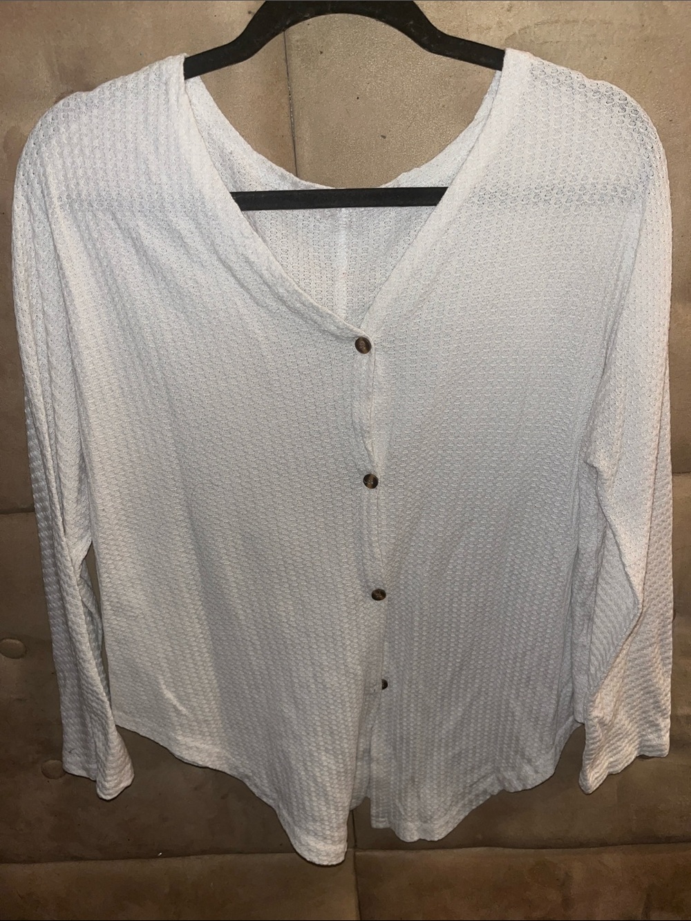 Relaxed White Button-Front Waffle Knit Shirt